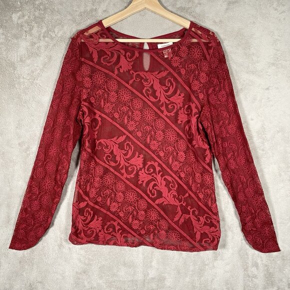 Sundance Top Womens L Red Sheer Mesh Floral Embroidered Long Sleeve Boho - Picture 2 of 13